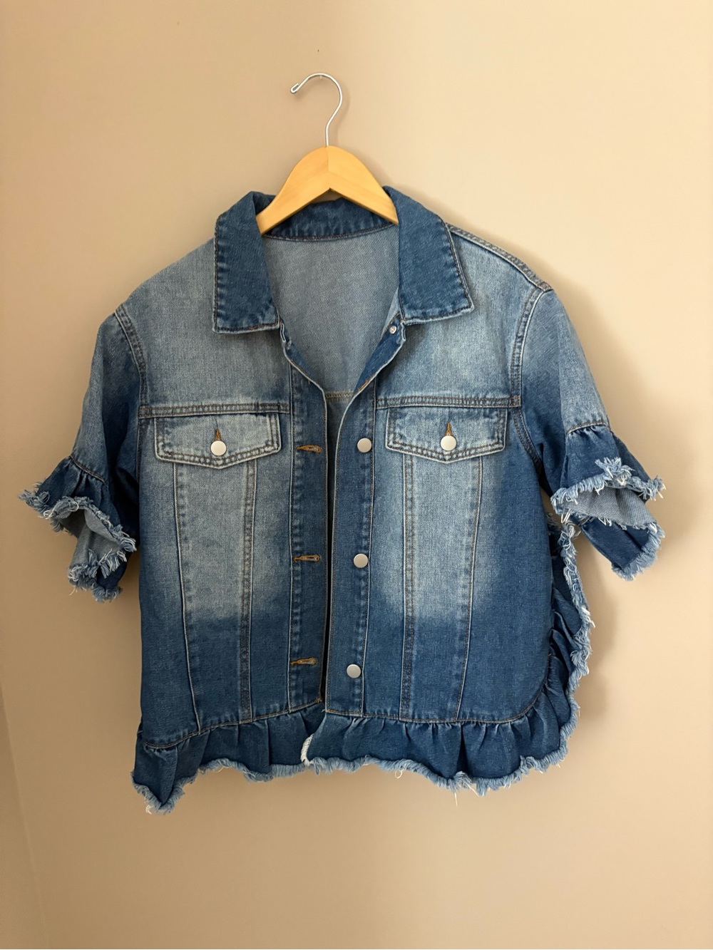 Blue Denim Ruffle-Sleeve Jean Jacket Sz S - Picture 2 of 6